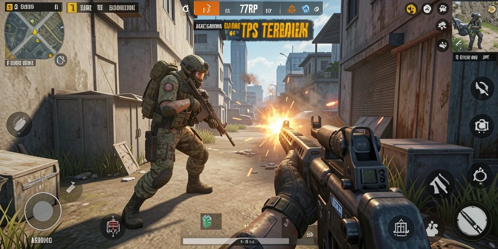 Screenshot gameplay 77RP dengan aksi tembak-menembak yang intens.
