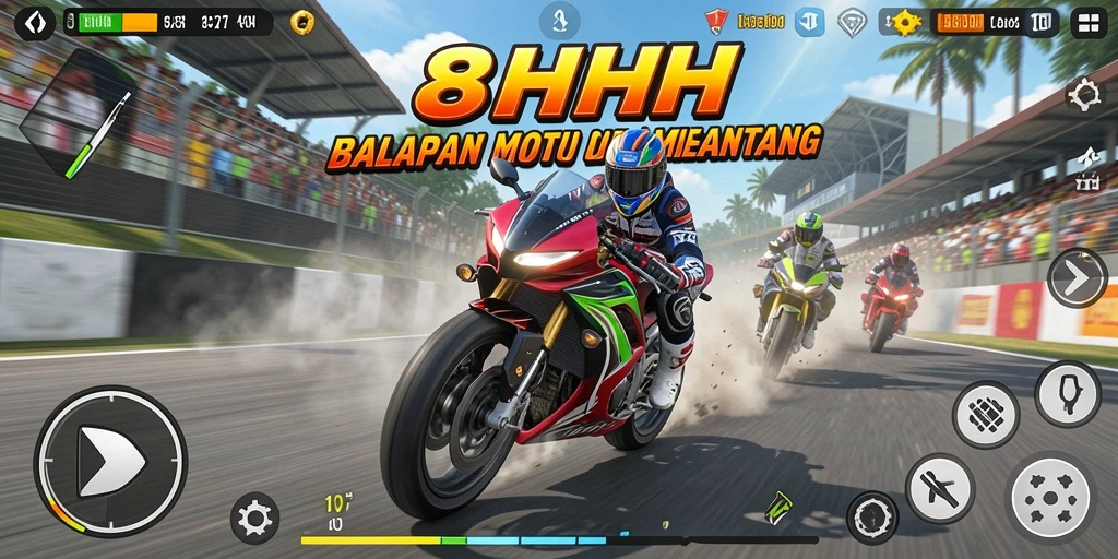 Screenshot gameplay 8HHH menampilkan aksi balapan motor yang mendebarkan.