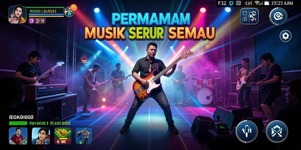 Tangkapan layar F32 menunjukkan gameplay seru dengan berbagai tantangan musik.