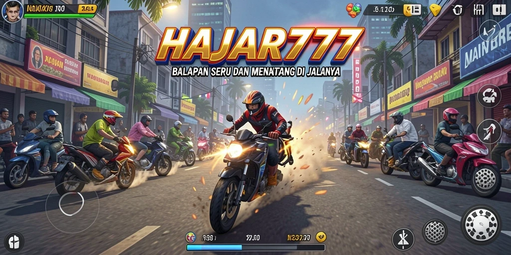 Screenshot gameplay HAJAR777 dengan aksi balapan yang mendebarkan.