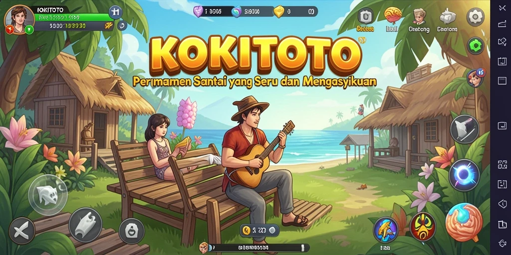Screenshot menunjukkan gameplay KOKITOTO yang ceria dan penuh warna.