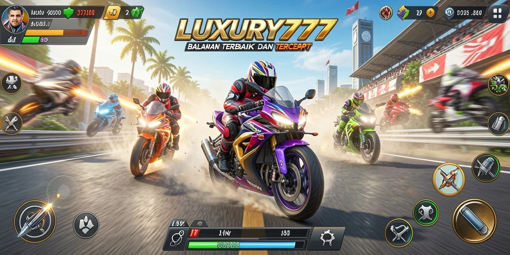 Menampilkan gameplay balapan motor yang penuh aksi dari LUXURY777.