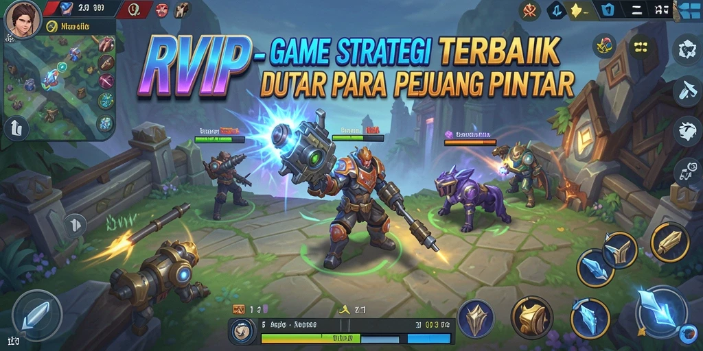 Screenshot utama menampilkan pertempuran taktis dalam game strategi yang intens.