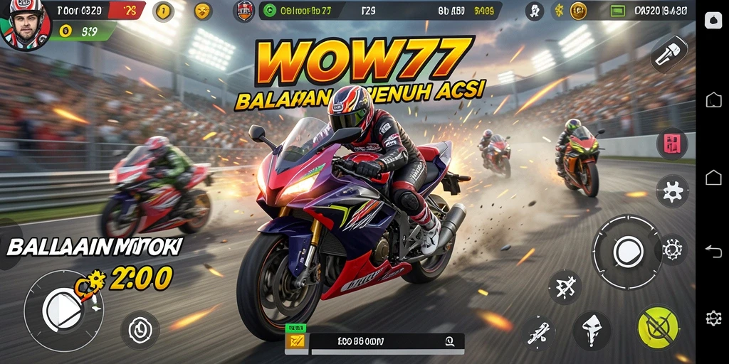 Screenshot gameplay WOW77 menunjukkan aksi balapan motor yang mendebarkan.